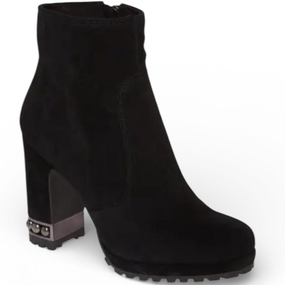 Karl Lagerfeld Lenore Ankle Boots Studded Heel Lug Sole Black Suede Side Zip